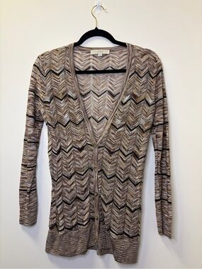 LOFT Taupe & Black Chevron V-Neck Button Cardigan Small